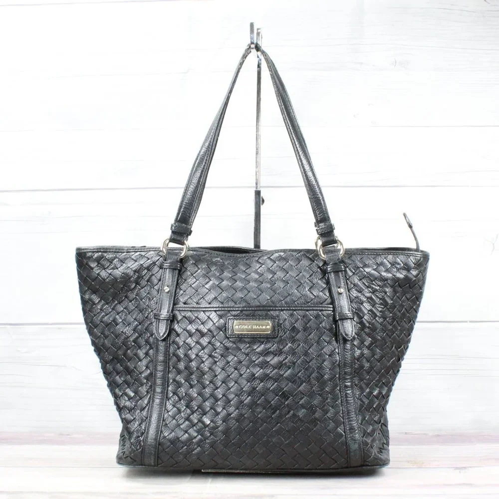 Cole Haan Black Genuine Leather Woven Design Tote Shoulder Bag - Picture 1 of 10